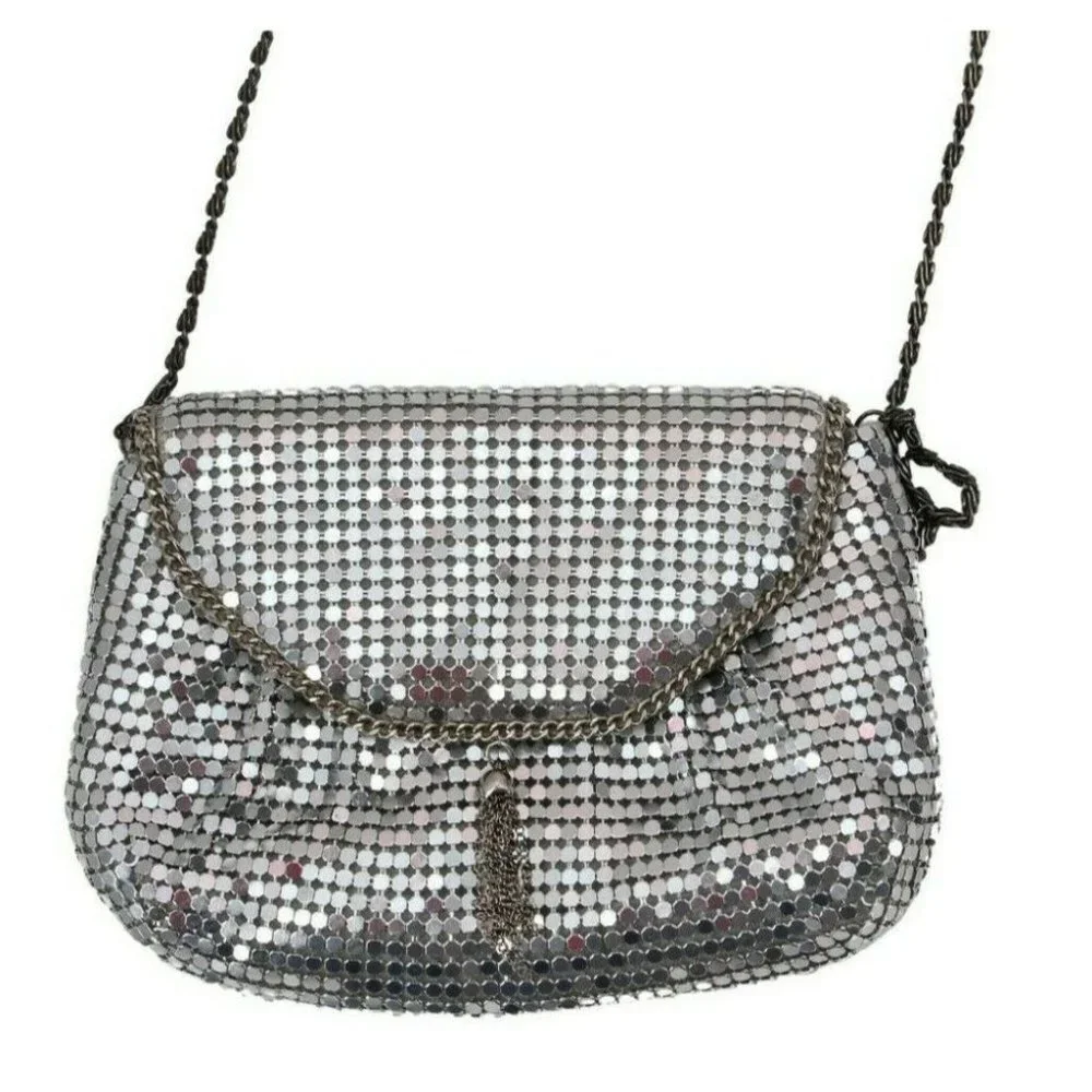 Vintage Silver Metal Mesh Crossbody Tassel Front Evening Bag Chain Strap Purse